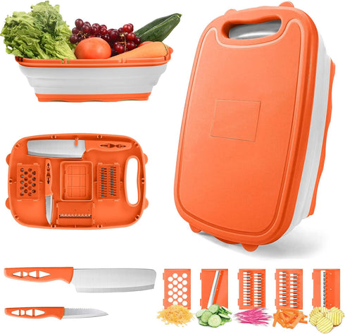 HI NINGER Camping Cutting Board, Collapsible Chopping Board with Colander, 9-In-1 Multi Kitchen Vegetable Washing