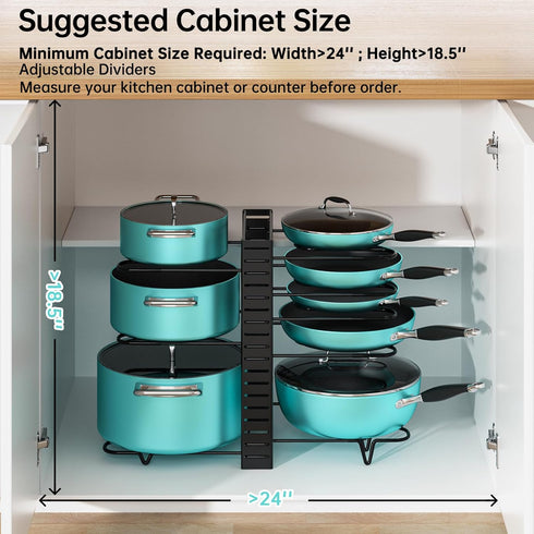 MUDEELA Adjustable Pot Pan Rack with 8 Tiers, 3 DIY Methods, Under Cabinet Organizer for Kitchen Storage