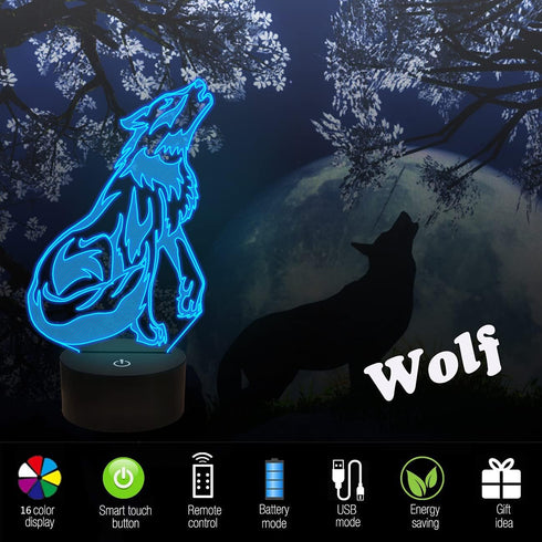 FULLOSUN Wolf Gifts, 3D Night Light for Kids, Optical Illusion Lamp with Remote Controller and 16 Color Changing