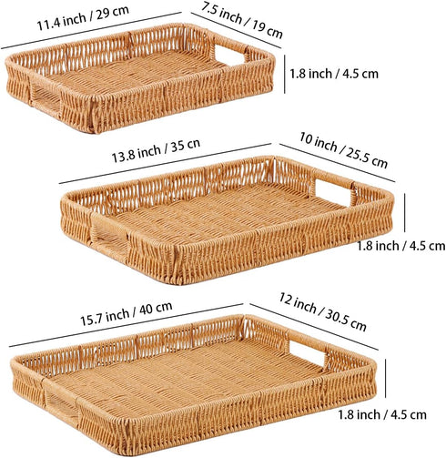 3pcs Rectangular Serving Tray with Handles, Decorative Wicker Organizer Baskets Storage Tray for Coffee Table, Bread