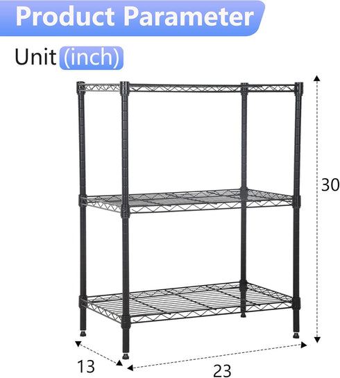 FDW Wire Shelving Units Adjustable Metal Storage Rack 23D x 13W x 30H 3 Tier Pantry Shelves for Kitchen Garage, Black