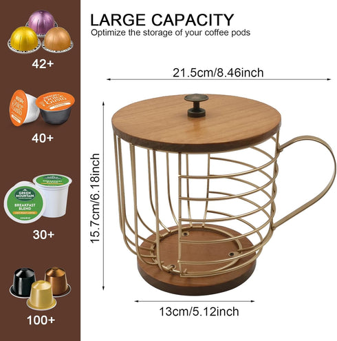 Large Capacity Wire Kup Storage with Wooden Base, Mug Shape Wire Basket with Lid for Kitchen Decor