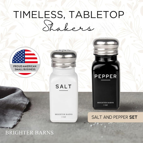 Farmhouse Salt and Pepper Shakers Set by Brighter Barns - Modern Kitchen Decor, Dining Table Countertop Accessory - Rustic, Vintage Glass Shakers with Stainless Steel Lids for Home, Restaurant by Brighter Barns