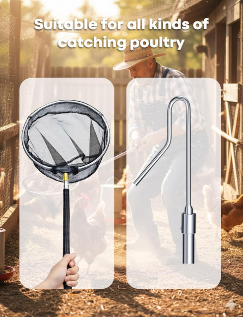 SHANWORN 16" 58.5" Stainless Steel Retractable Chicken Catching Net - Extendable to Poultry Net with Leg Hook for Safe