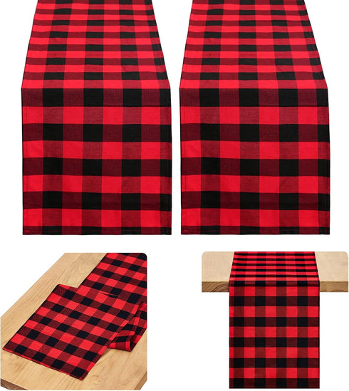 B-COOL Buffalo Plaid Table Runner, Black Red Checked Table Runner 2 Packs (13x108 Inch) for Christmas Holiday