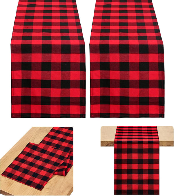 B-COOL Buffalo Plaid Table Runner, Black Red Checked Table Runner 2 Packs (13x108 Inch) for Christmas Holiday