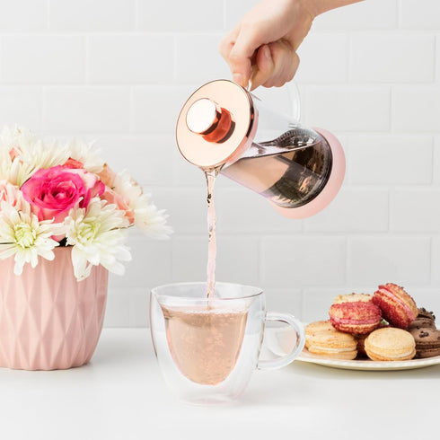 Pinky Up Riley Mini Glass Tea Press Pot, 12 oz Coffee Maker, French Press for Hot or Iced Beverage, Pink
