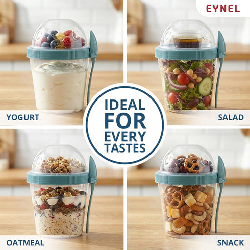 4 Pack 17 oz (5 Small Breakfast On The Go Yogurt Parfait Cups, Reusable Plastic Containers with Lids and Spoons