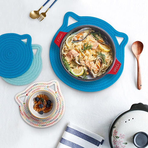 7" Cotton Trivets Set, 3Pcs Cute Cat Ear Pot Holders, Thick Heat Resistant Mats for Hot Pots and Pans, Blue