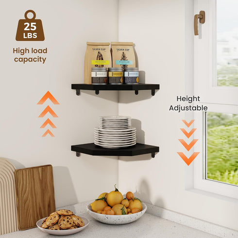 Set 2 8.5in Fun Memories Corner Shelf Wall Mount of - Solid Oak Wood Floating Corner Shelf with Cable Hole, Rustic