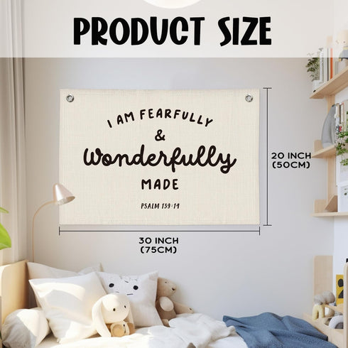 Wheatwin Kids Room Decor - Bible Verse Wall Hanging, 'I am Fearfully and Wonderfully Made' Linen Banner, Canvas
