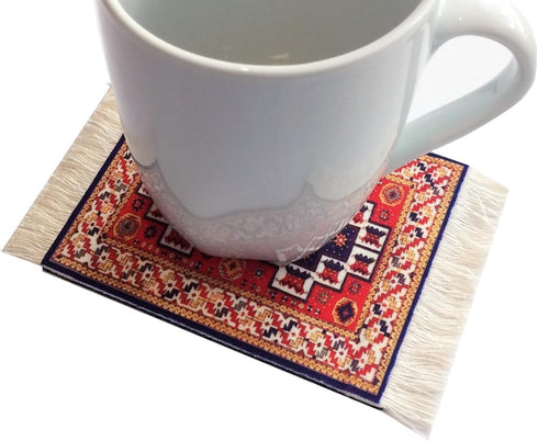Set of 4 Rug Table Coasters - Oriental Design Fabric Carpet Drink Mats, Absorbent, Rectangular, Red Black Blue