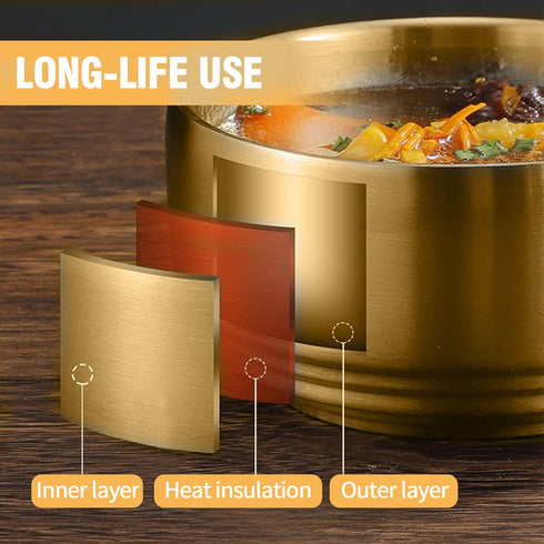 Stainless Steel Rice Bowl with Lid, Set of 2, Double-walled Metal Bowls for Korean Kitchen, 10.5cm Gold
