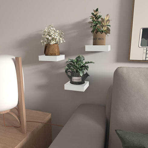 PopiShelves 4 Inch Set 3 Small Floating Shelves for Wall - Mini Square White Shelves for Bedroom, Living Room