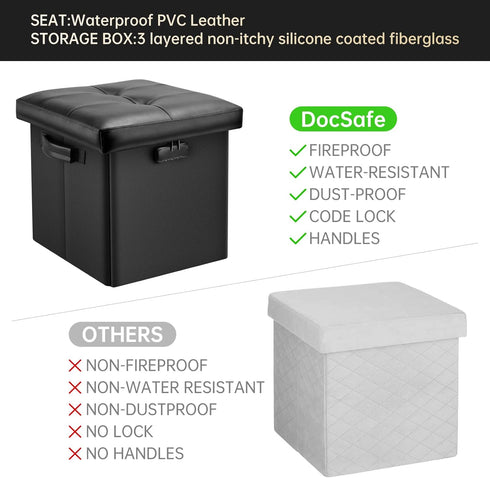 13 Inches DocSafe Storage Ottoman with Lock,Fireproof Folding Ottoman Foot Rest Stool Storage Chest with Storage Safe