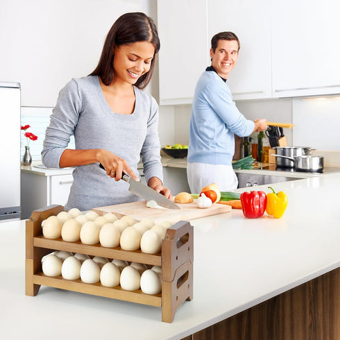 Uibyriy 2-Tier 36 Countertop Wooden Egg Holder for Eggs, Wooden Egg Holder with Carry Handle for Chicken, Duck