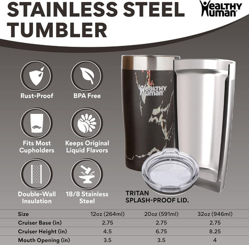 Healthy Human 20oz Stainless Steel Tumbler with Straw & Lid - Eco-Friendly Travel Cup, Black Onyx