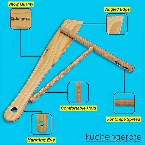 Kuchengerate 3.5 inch Crepe Spreader and 12 inch Wooden Spatula Turner Crepe Maker Set, Handmade Natural Beech Wood
