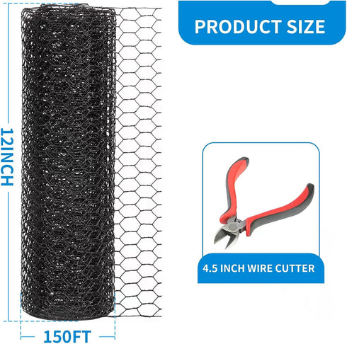 DOLEMODUO 12'' 150' 19 1 inch x Black Chicken Wire Mesh Fence, Gauge Galvanized Poultry Netting and Garden Mesh Fence