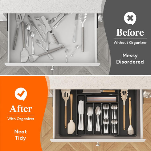 Lifewit Expandable Silverware Drawer Organizer, Adjustable Utensil Tray for Kitchen Drawers, Large Black Storage