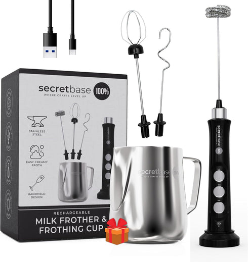 Secretbase Rechargeable Milk Frother Mixer, Cordless USB with Charging Base and SS Pitcher - 3 Speed Handheld Frother