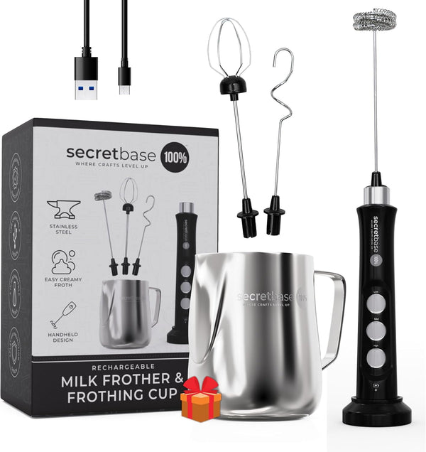 Secretbase Rechargeable Milk Frother Mixer, Cordless USB with Charging Base and SS Pitcher - 3 Speed Handheld Frother