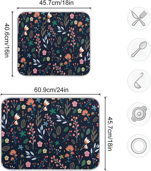 Dish Drying Mat for Kitchen Counter, Colorful Flowers Black Absorbent Drying Matt for Dishes Sink 16'' x 18''