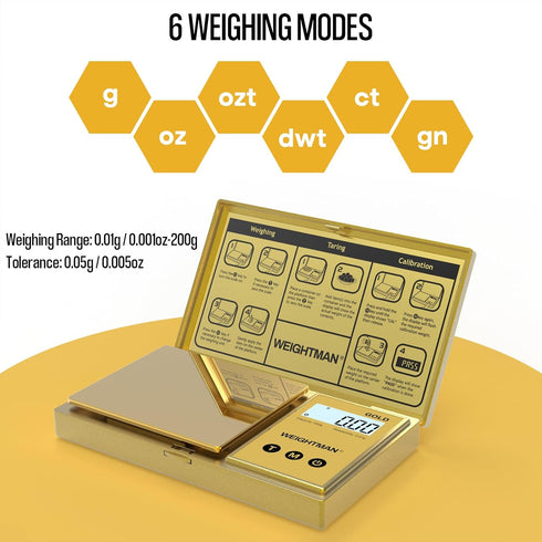 WEIGHTMAN Digital Scale, 200g/0.01g Pocket Scale, Gold Titanium Plating, Mini Jewelry Scale with 6 Units