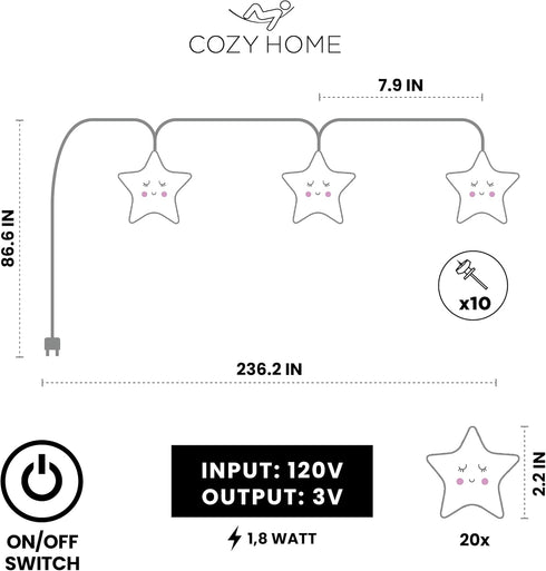 Cobus CozyHome 5 20 Children's Star Fairy Lights - Meters & Warm White LEDs I Lighting Garland for bedrooms I Lighting