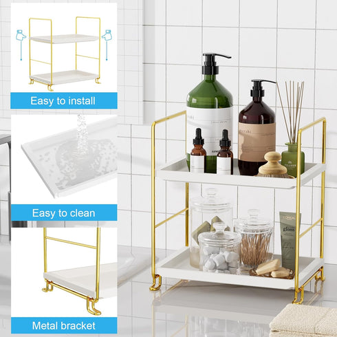 FSyueyun 2-Tier Bathroom Counter Organizer, Tool-Free Installation Makeup Skincare Shelf, Gold Vanity Stand