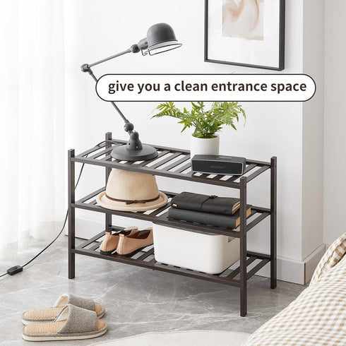 Furshus 3-Tier Closet, Shoe Rack, Bamboo Stackable Shoe Shelf Storage Organizer, Shoe Stand for Entryway and Hallway