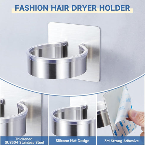 Wall Mounted Hair Dryer Holder, Stainless Steel Hair Tool Organizer, Adhesive Hairdryer Storage for Bathroom