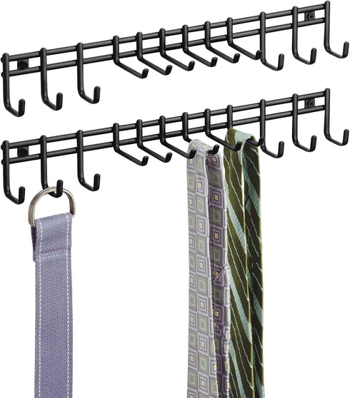 Closet Wall Mount Metal Accessory Organizer and Storage Center mDesign - 12 Hooks, 2 Pack, Matte Black for Ties, Belts,