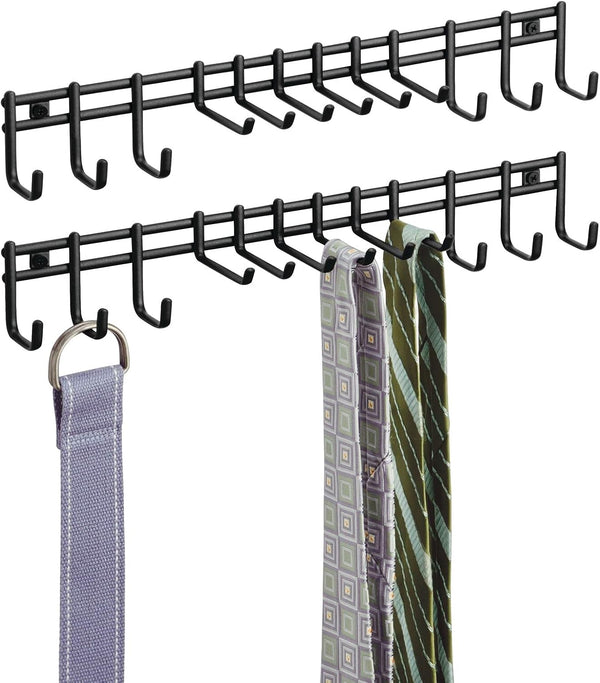 Closet Wall Mount Metal Accessory Organizer and Storage Center mDesign - 12 Hooks, 2 Pack, Matte Black for Ties, Belts,