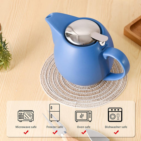 Yundu 32 ounce Blue Porcelain Tea Pot, Stainless Steel Lid and Fine Infuser for Loose Leaf Tea