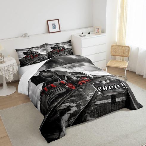 Set Set Set 3D Insert,1 Retro Train Comforter Twin Size,Black Red Old Train Car Bedding Rail Transportation Vehicles