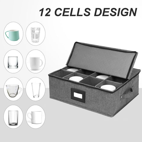 Cup and Mug Storage Box, 12 Cells China Storage Containers for Tea Cups and Coffee Mugs, Hard Shell, Black