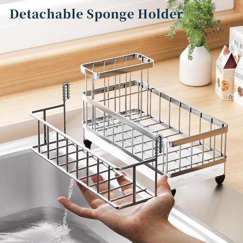 Countertop Consumest Sponge Holder for Kitchen Sink - Auto Draining Sink Caddy Organizer with Detachable Rack, High