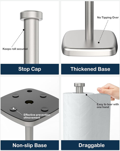 Paper Towel Holder Countertop, Standing Weighted Base Non-Slip Dispenser for Most Size Paper Rolls, Stainless Steel