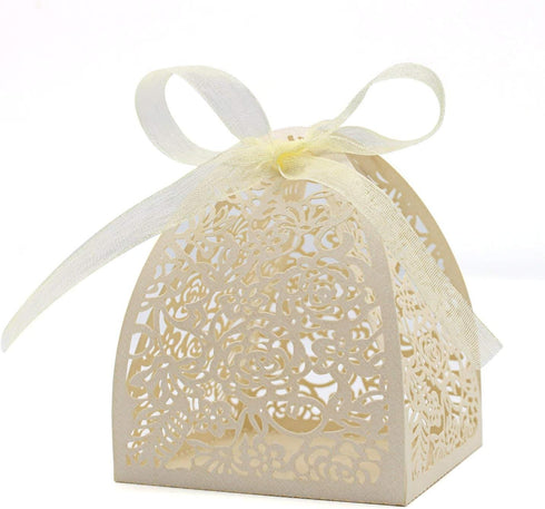 KPOSIYA 100 Pack Laser Cut Rose Candy Favor Boxes 2.5"x 2.5"x 3.1" for Bridal Shower, Anniversary, Birthday Party