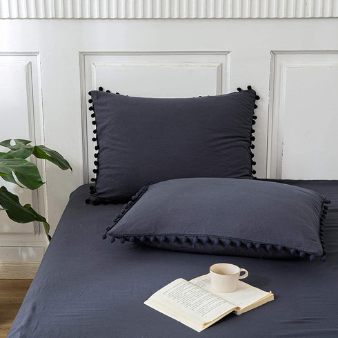 Navy Blue Pom Poms Pillowcases - Dark Blue Standard Queen 20x30 Inches Set of 2, 100% Washed Microfiber