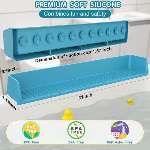 IwelKee Bathtub Splash Guard for Tub Kids, Longer Silicone Water Splash Guard for Bathtub, Toy Holder Play Shelf