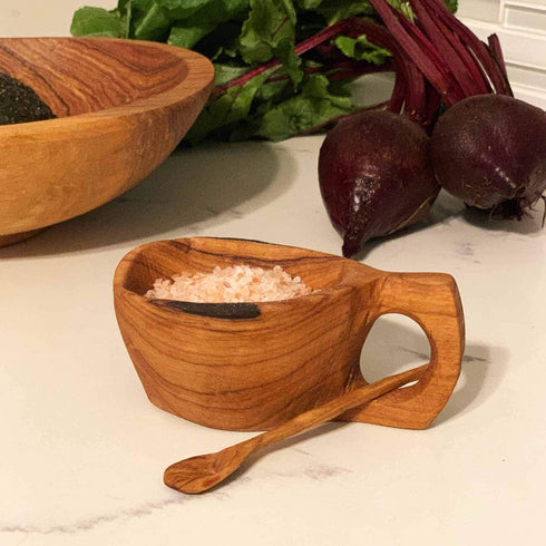Reclaimed Olive Wood Salt and Spice Pot with Spoon, Kenya