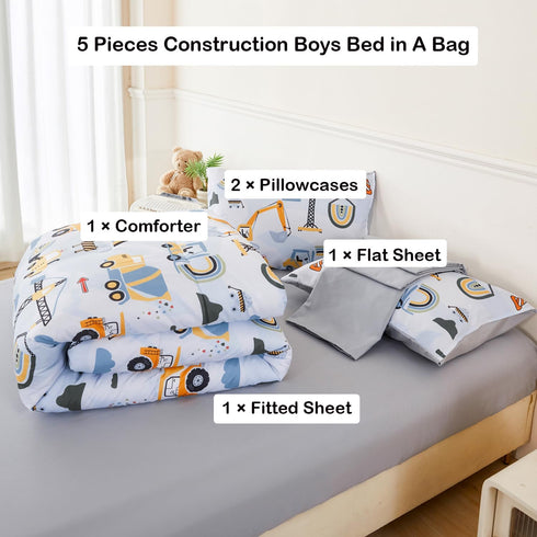 5 Set Set ANGIYUIN Pieces Construction Twin Size Comforter for Boys Kids Cartoon Car Excavator Tractor Bed in A Bag