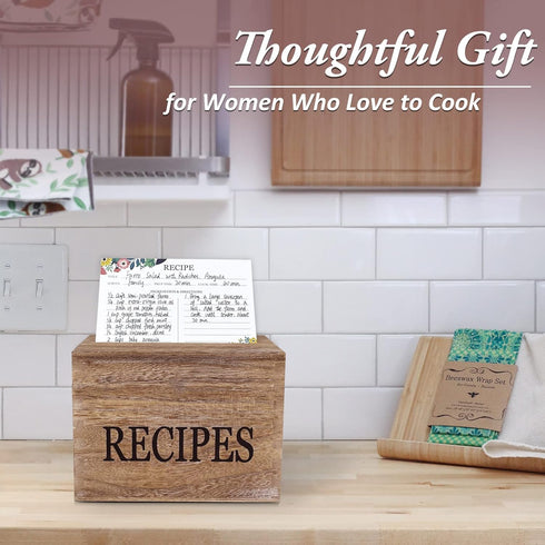 Recipe Box with 50 Recipe Cards 4x6, Rustic Wood Organizer Set for Housewarming and Weddings