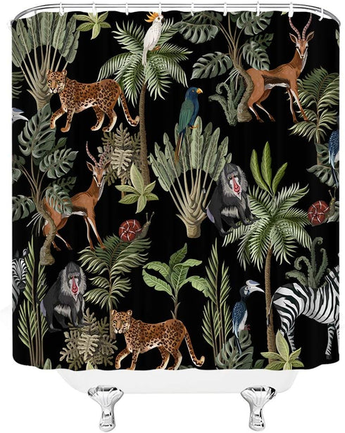 AMFD Jungle Animals Shower Curtain, Cheetah Zebra Monkey Antelope, Green Tropical Forest Bathroom Decor Set