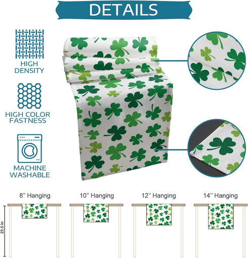 St Patrick's Day Green Shamrocks/Clover Table Runners, 13" x 70" Long Cotton Linen Non-Slip Rectangle Dresser Scarves