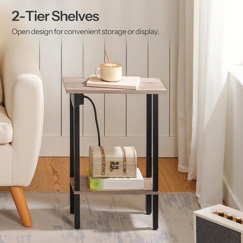 2-Tier BG240UBZ01 HOOBRO Narrow Side Table, Slim End Table with Charging Station, Skinny Nightstand with Open Storage