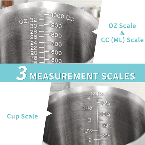 Measuring Cup, Upgraded Stainless Steel, 32 Ounces, 3 Measurement Scales with Handle