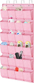 Pink Over the Door Shoe Organizer for Girls, Women, Kids Room | Hanging Rack with 24 Large Pockets & 4 Sturdy Hooks